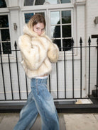 RARELY ALIKE Cropped Faux Fur Zip Jacket in White - On Model