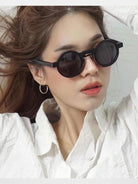 FUTURE UPDATE Deconstructed Round Frame Sunglasses in Green - On Female Model