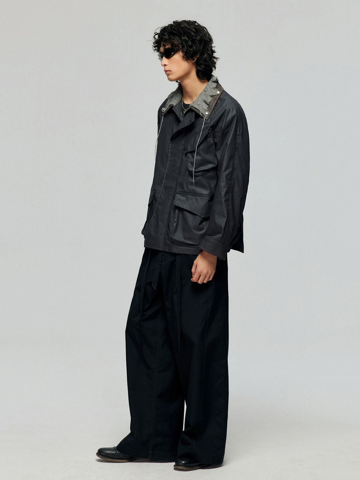 Simple Project Waxed Knit Collar Safari Jacket in Gray - On Male Model