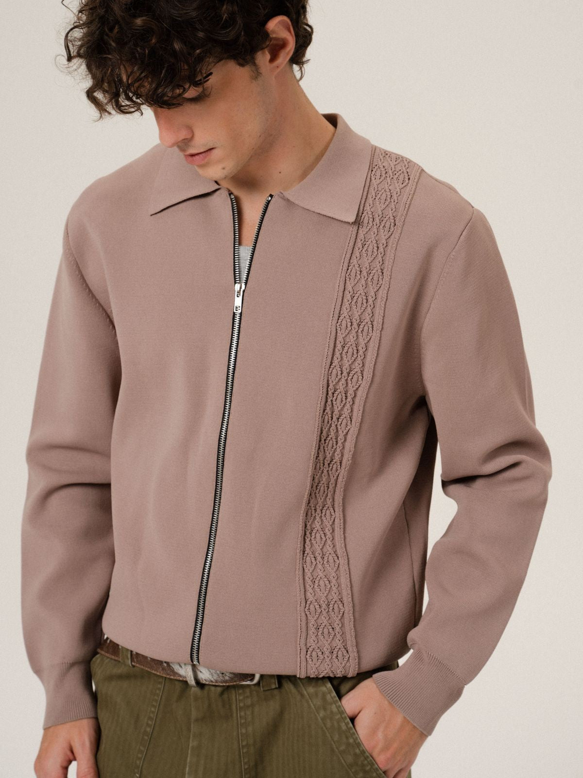 Retro 21 Jacquard Knit Double Zip Jacket in Brown - On Model