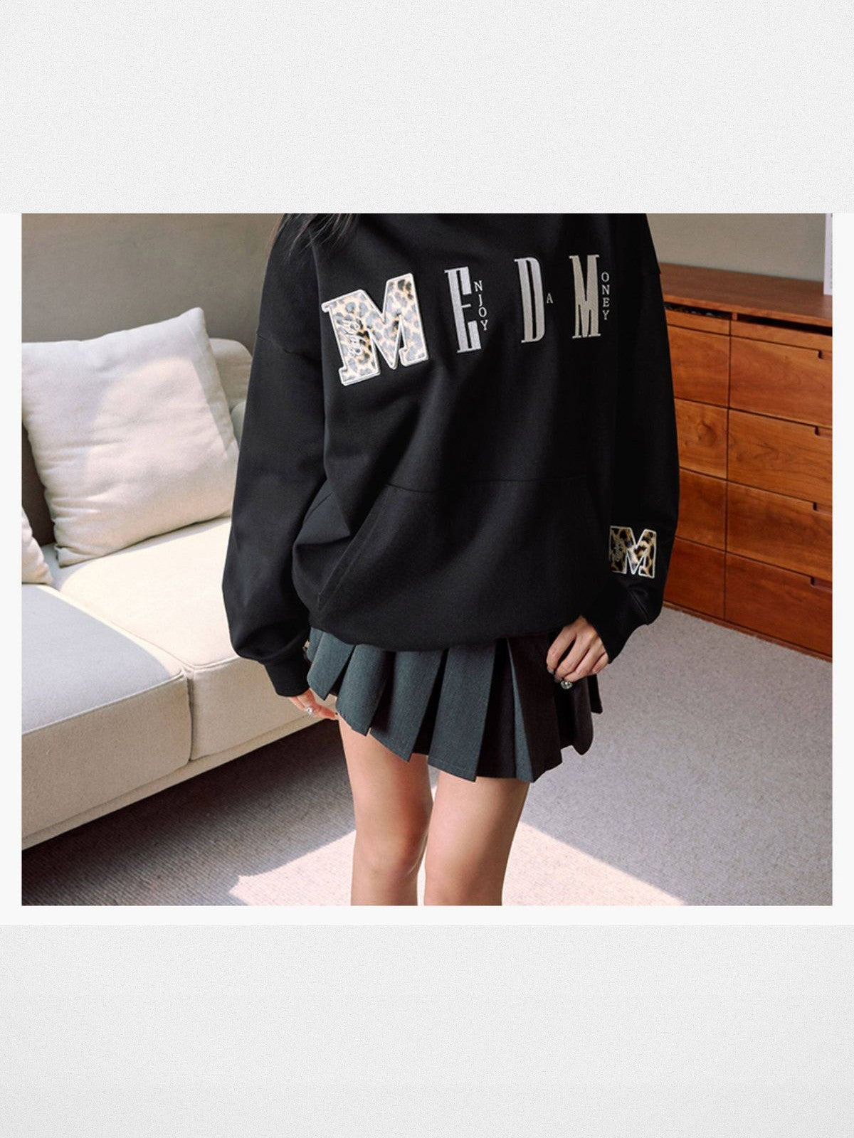 MEDM Leopard Patch Logo Hoodie in Black - On Female Model