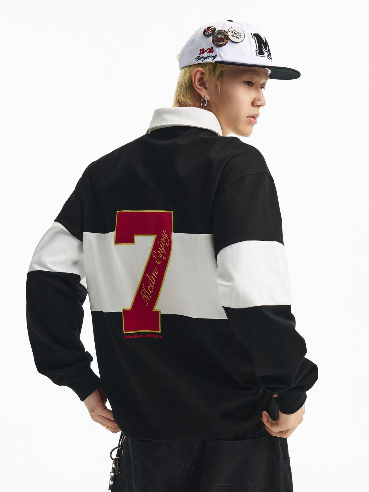 MEDM Embroidered Pegasus Rugby Polo in Black - On Model