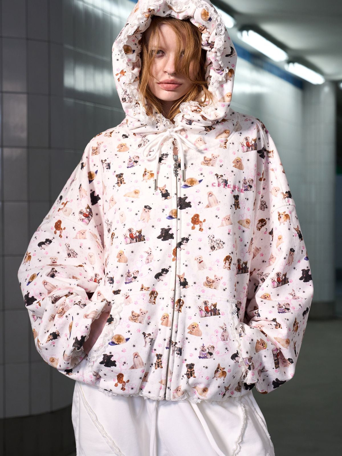 CFIERCE Puppy Print Pillow Hood Zip Up in Pink - On Female Model