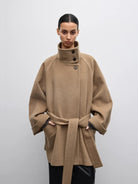 RandomPiece Wool Alpaca Stand Collar Coat in Beige - On Model
