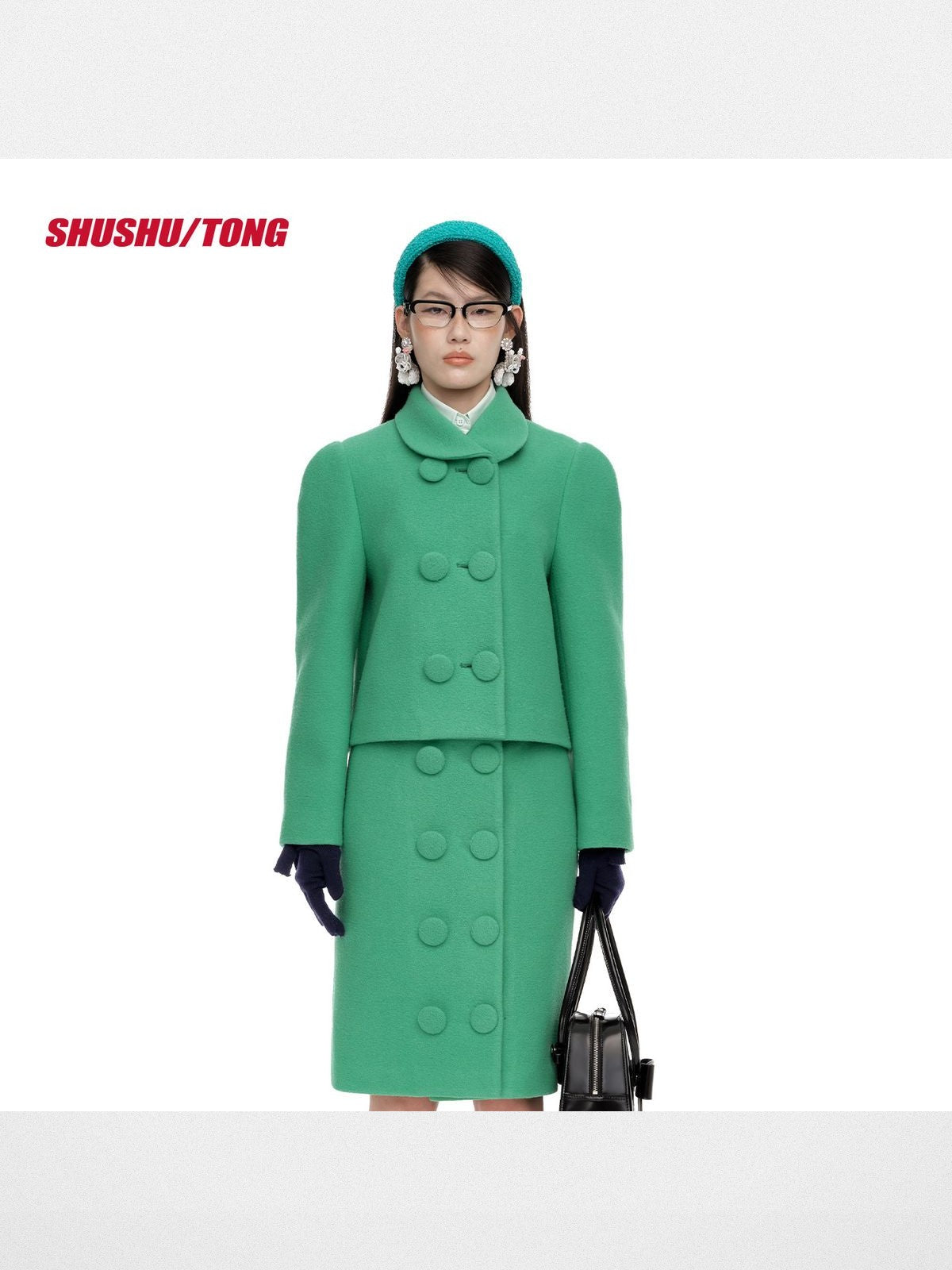 SHUSHU/TONG Double Breasted Round Collar Jacket in Green - On Model