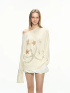 THELIGHT OFFICIAL Rhinestone Starfish Off Shoulder Top in Cream - On Model