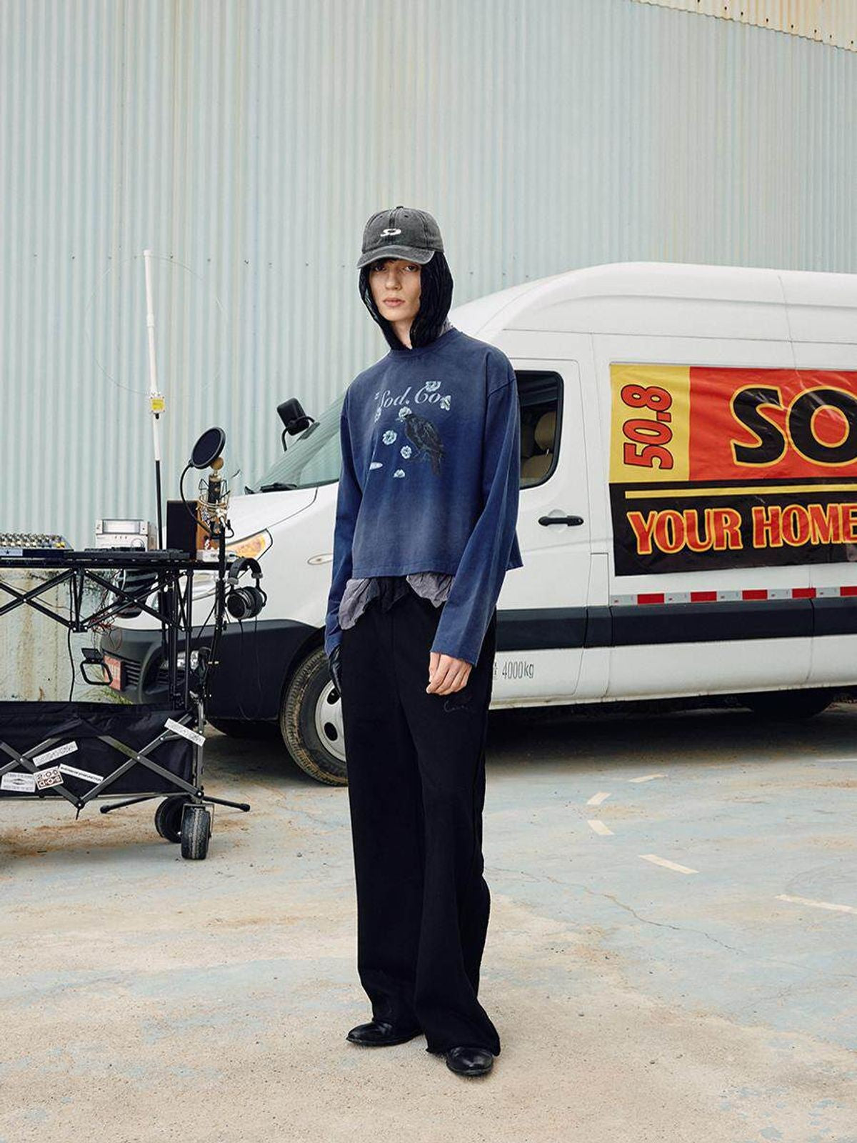 SOD Distressed Crow Graphic Sweatshirt in Blue - On Model