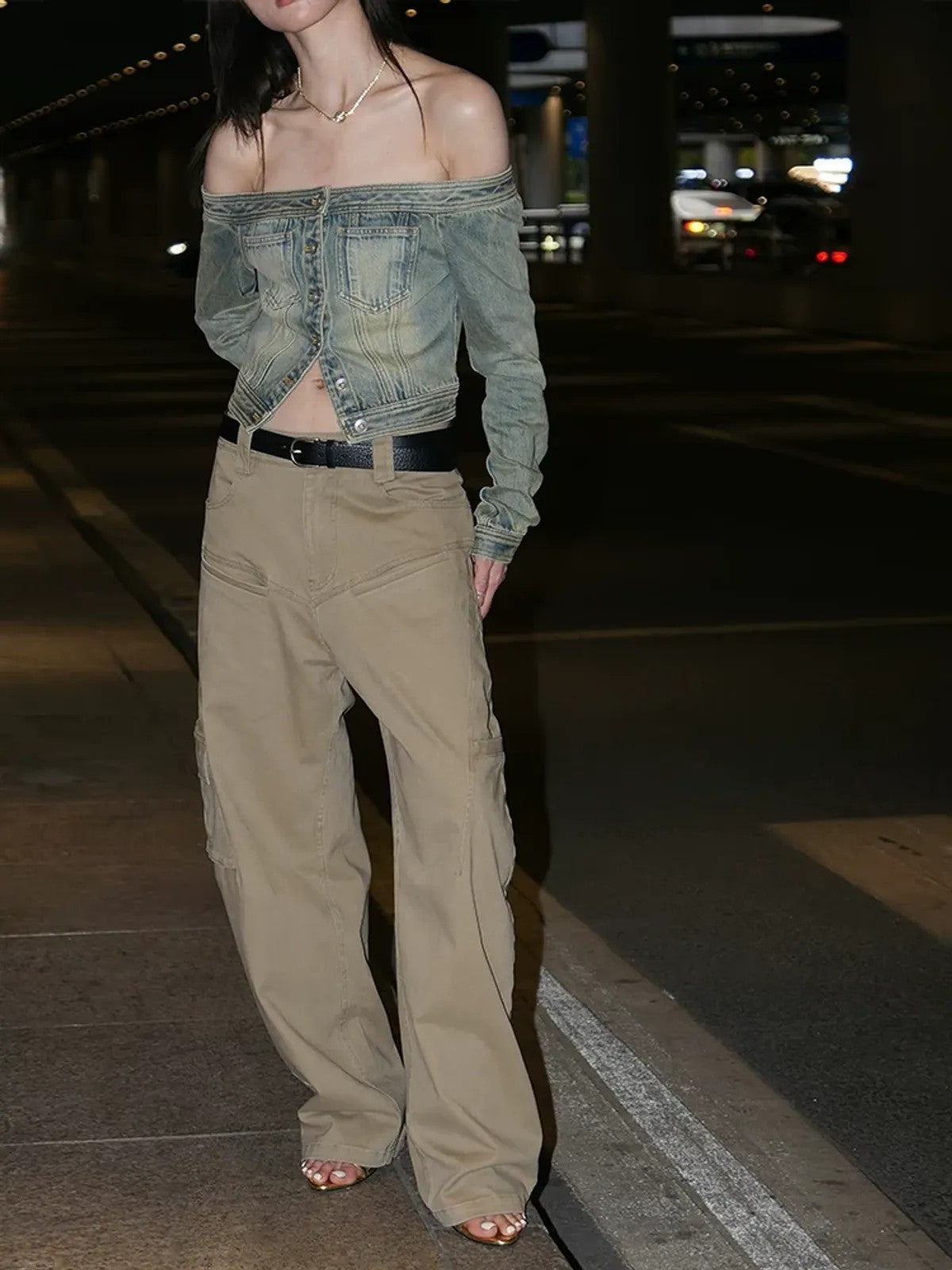 RARELY ALIKE Panelled Wide Leg Cargo Pants in Beige - On Model