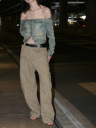 RARELY ALIKE Panelled Wide Leg Cargo Pants in Beige - On Model