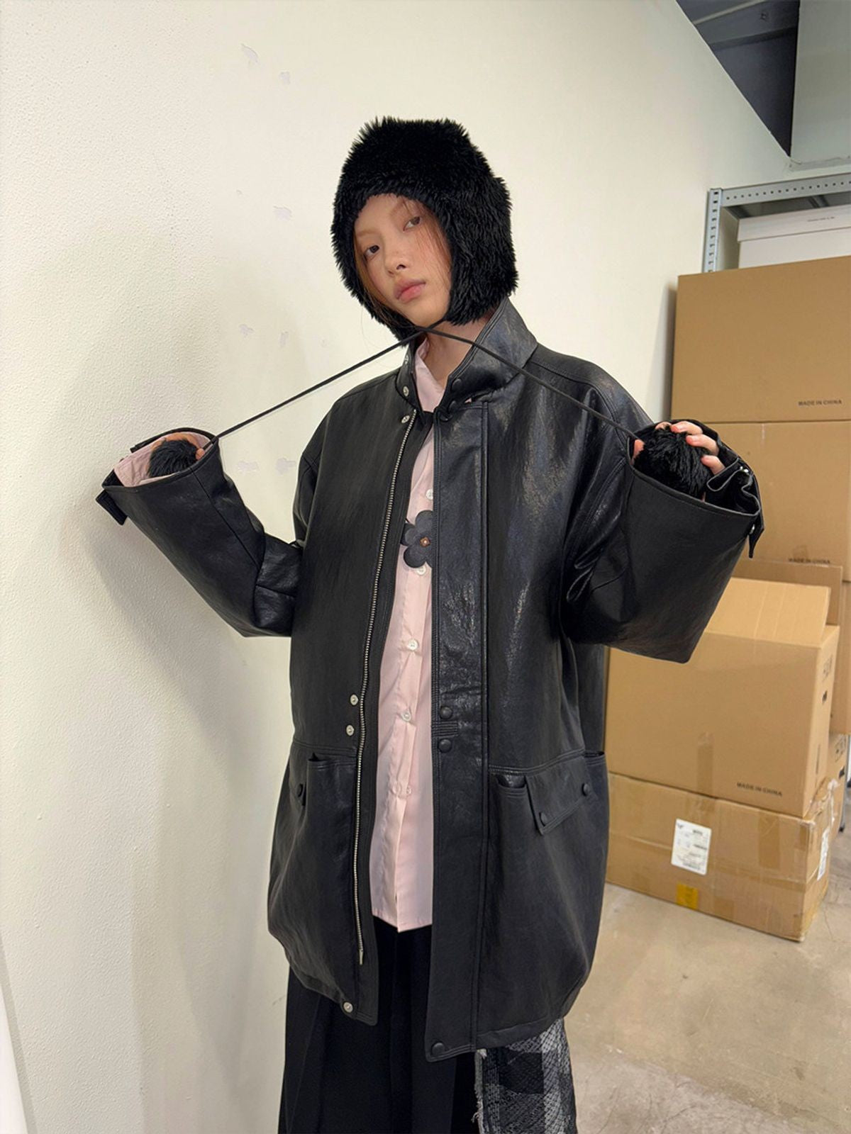 NeverSeez Mid Length Faux Leather Coat in Black - On Model
