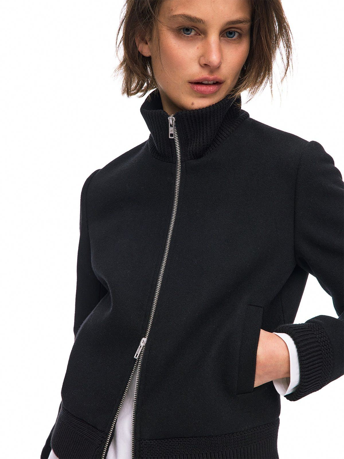 Alright then Lamb Wool Blend Double Zip Jacket in Black - On Model