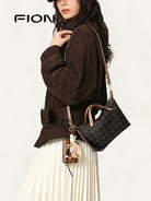 FION Small Woven Leather Trim Dumpling Tote in Brown - On Female Model