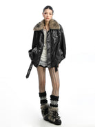 Big Gold studio Detachable Fur Collar PU Biker Jacket in Black - On Model