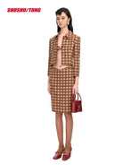 SHUSHUTONG Checked Lambswool Cropped Jacket in Brown - On Model