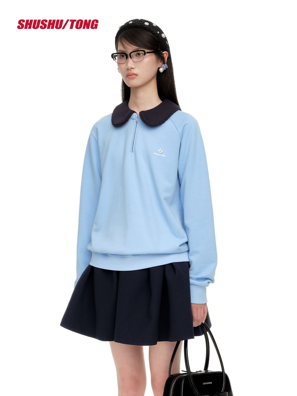 SHUSHUTONG Peter Pan Collar Half Zip Sweatshirt in Sky Blue - On Model
