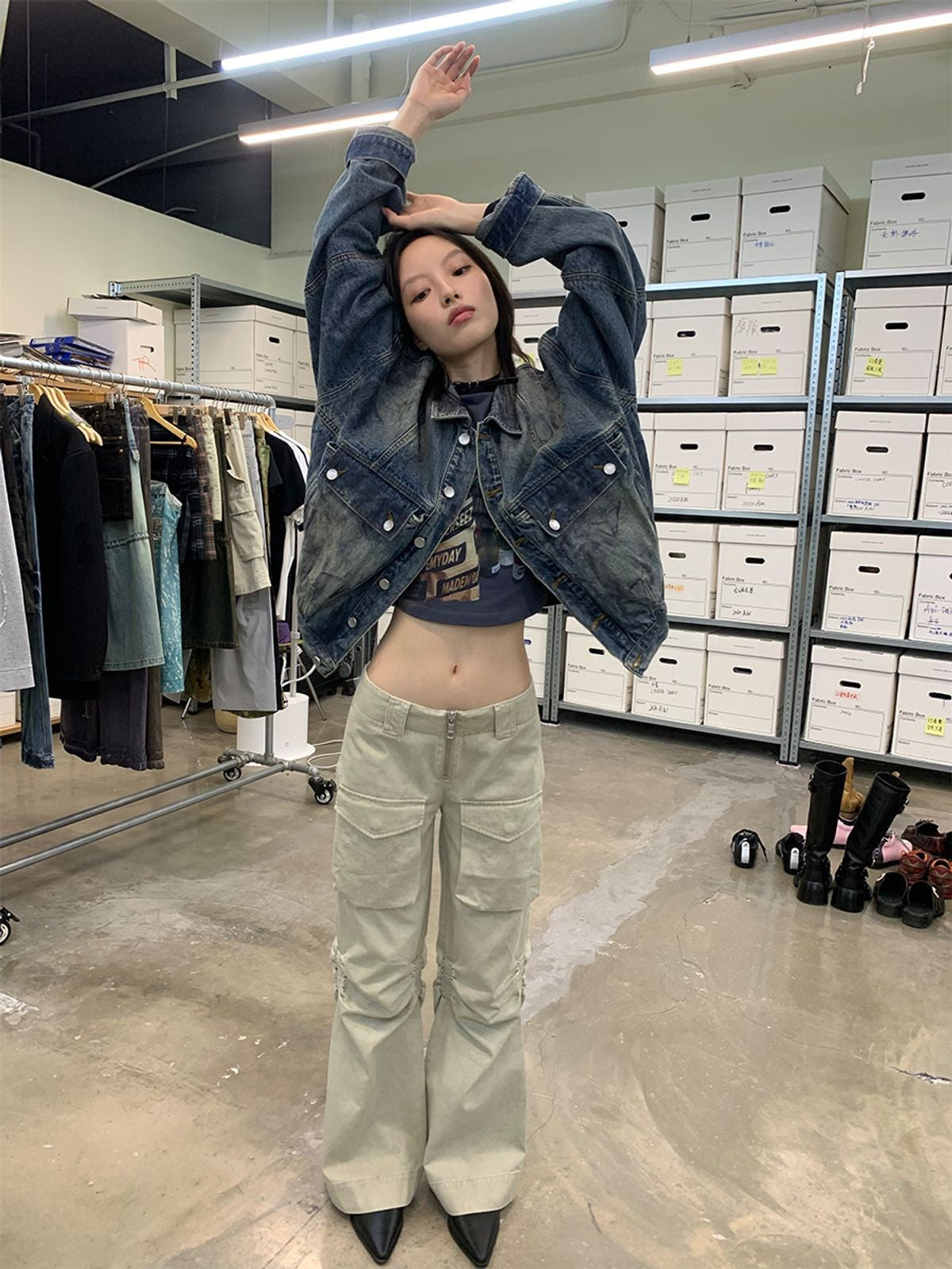 NeverSeez Distressed Micro Flare Cargo Pants in Green - On Model