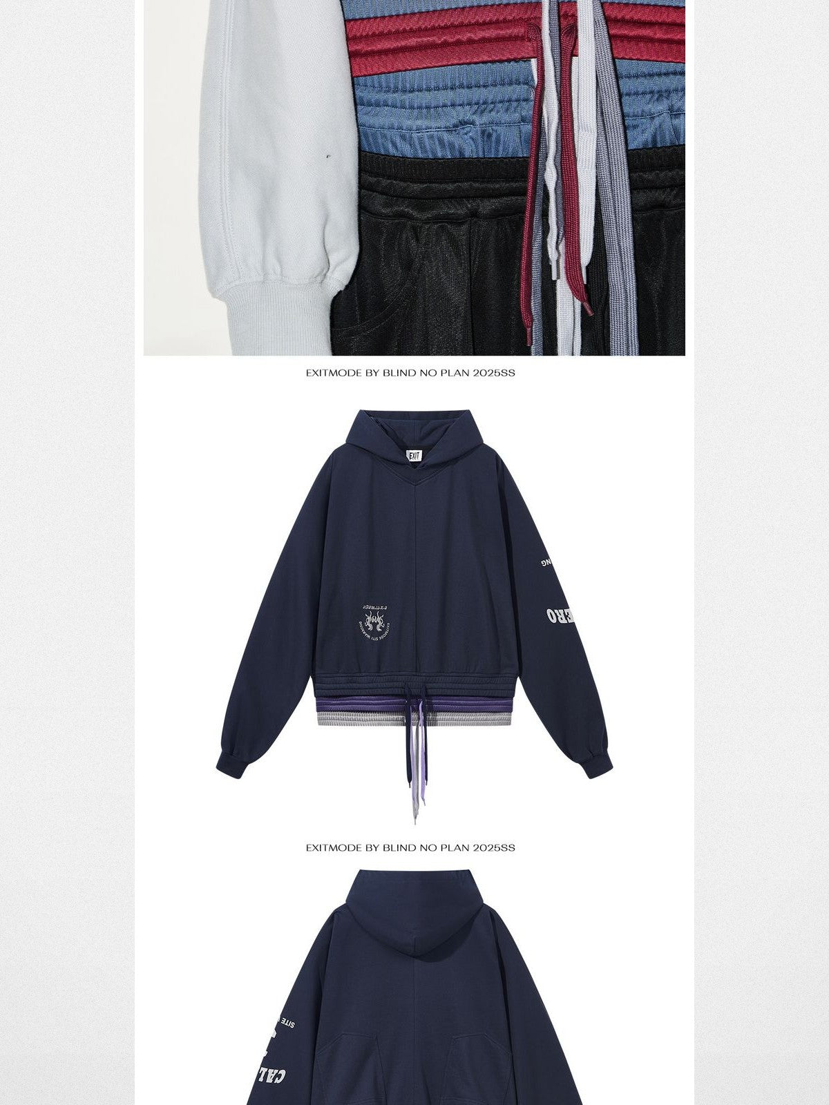 BLINDNOPLAN Spliced Layered Waistband Hoodie in Navy Blue