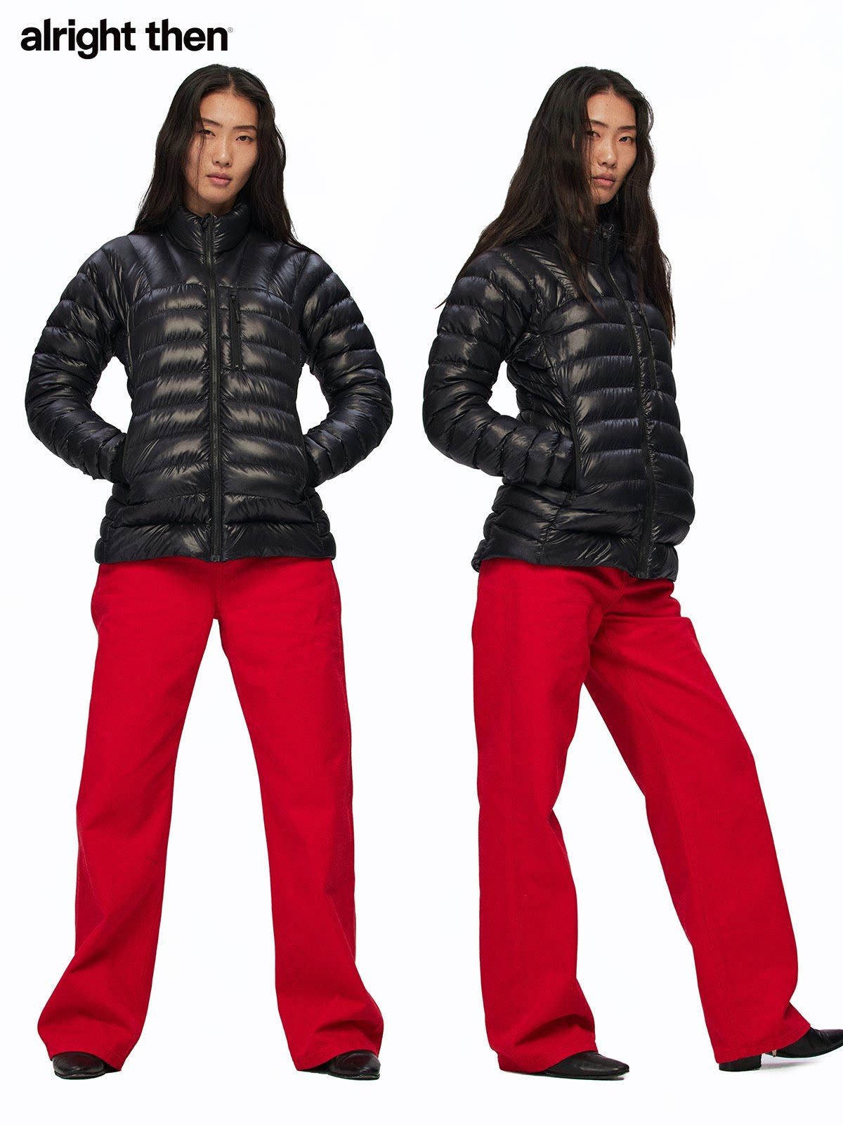 alright then Matte Goose Down Puffer Jacket in Black - On Female Model