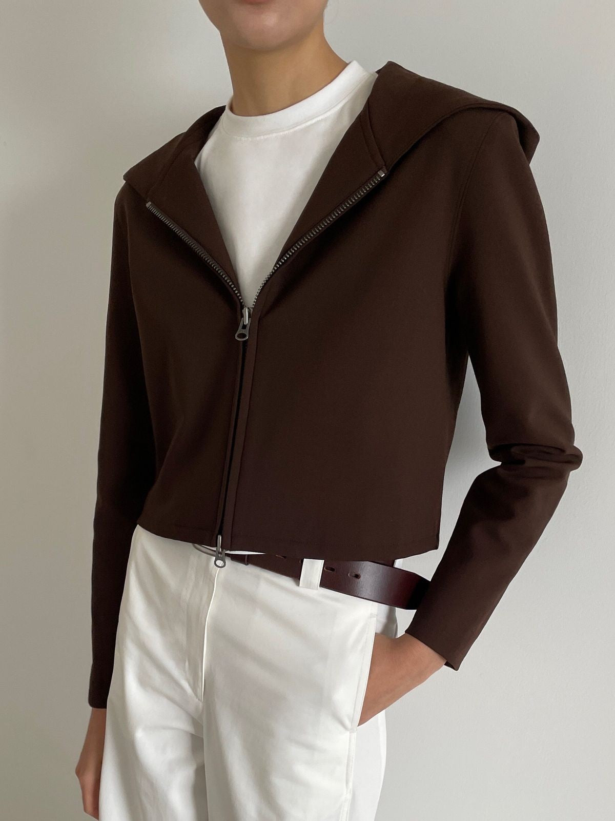 Alright then Hooded Wool Double Zip Jacket in Brown - On Model