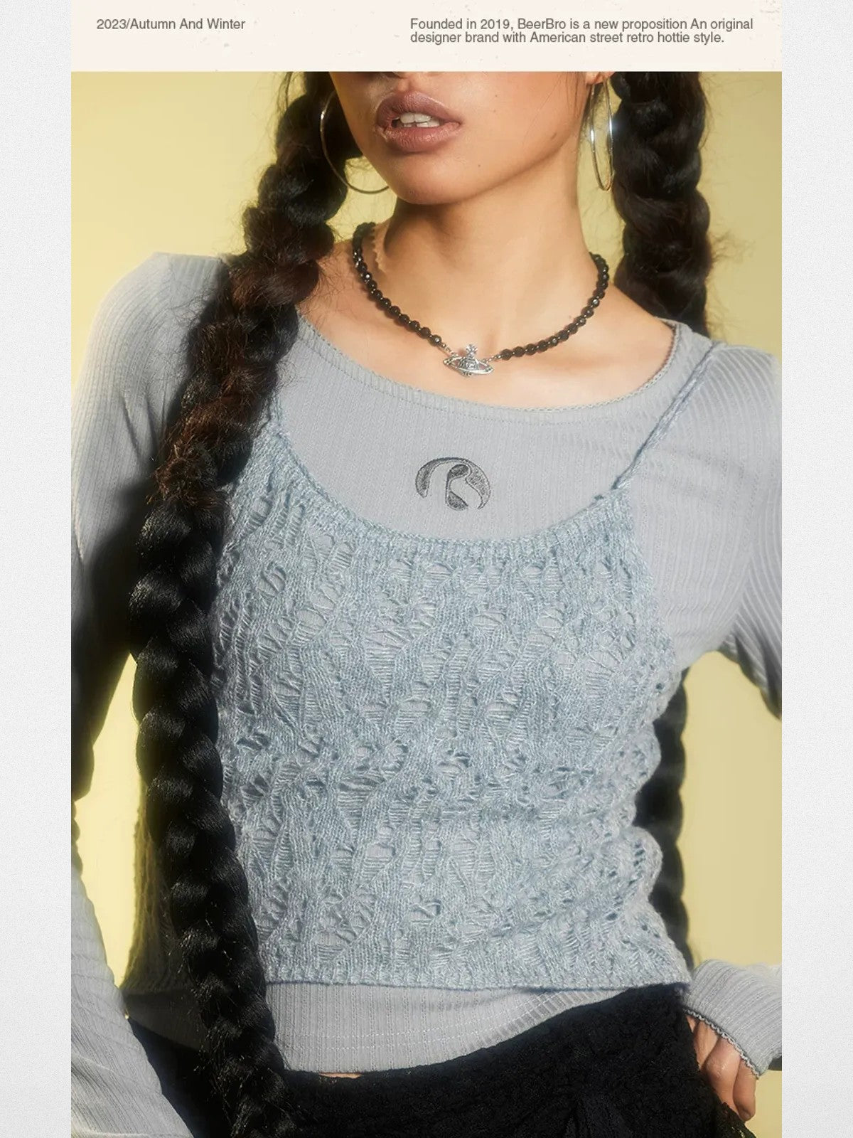 BeerBro Speckled Knit Camisole in Sky Blue - On Model