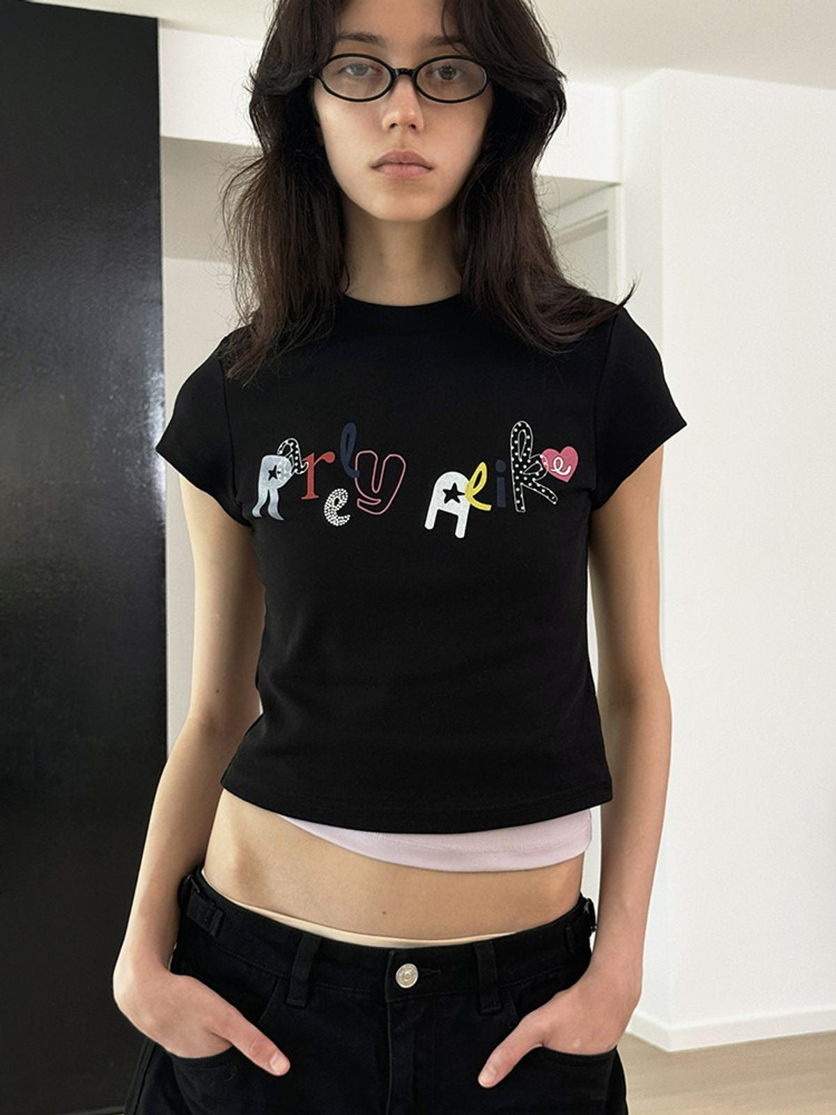 RARELY ALIKE Rhinestone Graphic T Shirt in Black - On Model