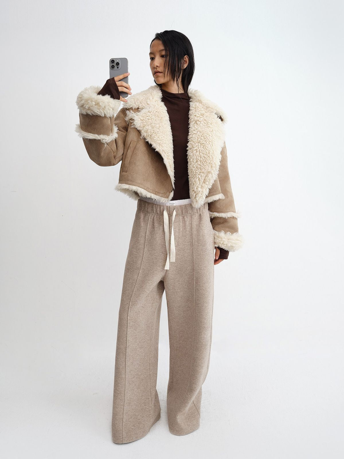 RARELY ALIKE Cropped Faux Shearling Moto Jacket in Khaki - On Model