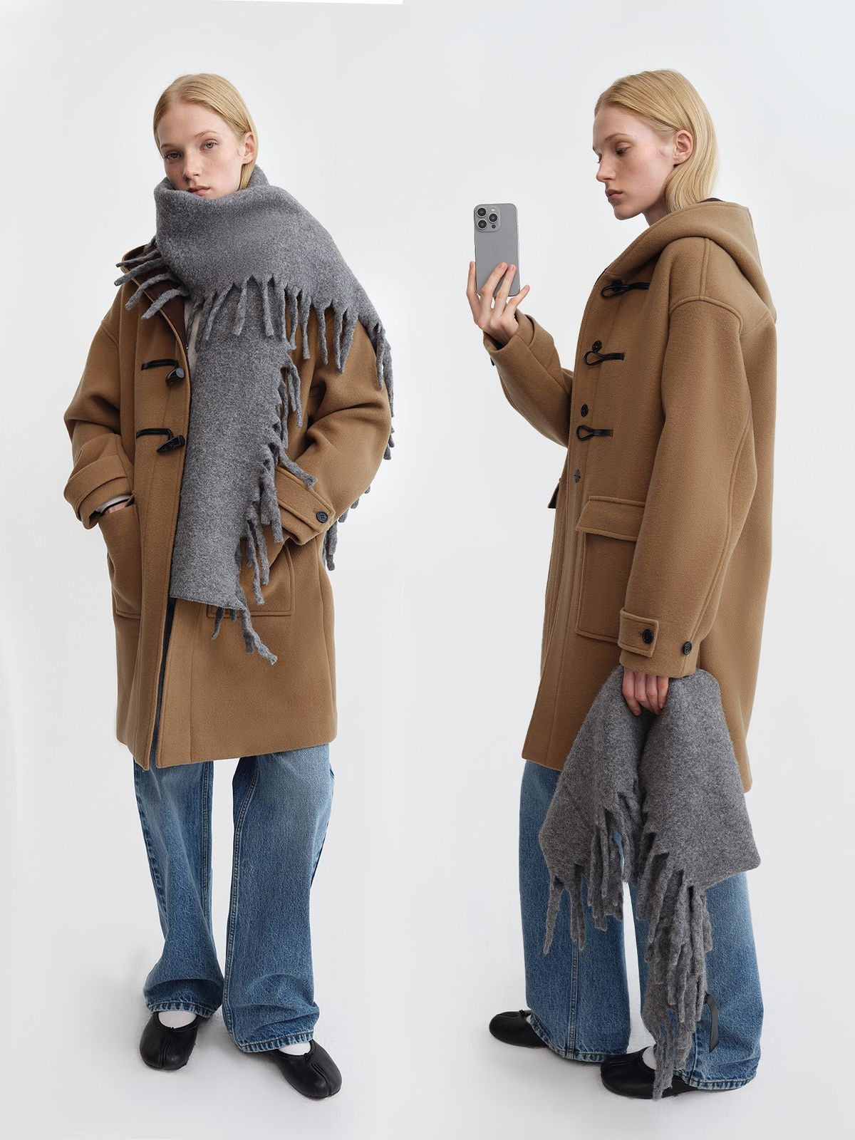 RARELY ALIKE Hooded Lambswool Duffle Coat in Beige - On Model