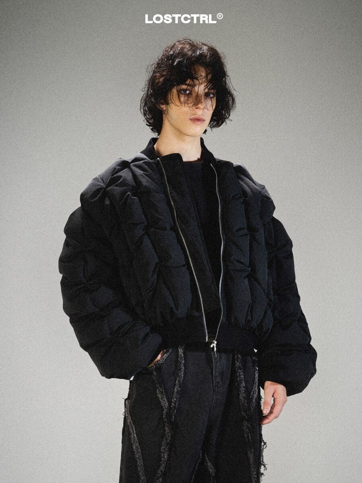 LOSTCTRL Crinkle Texture Down Bomber in Black - On Model