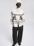 NANS Alpaca Blend Animal Jacquard Cardigan in White - On Model