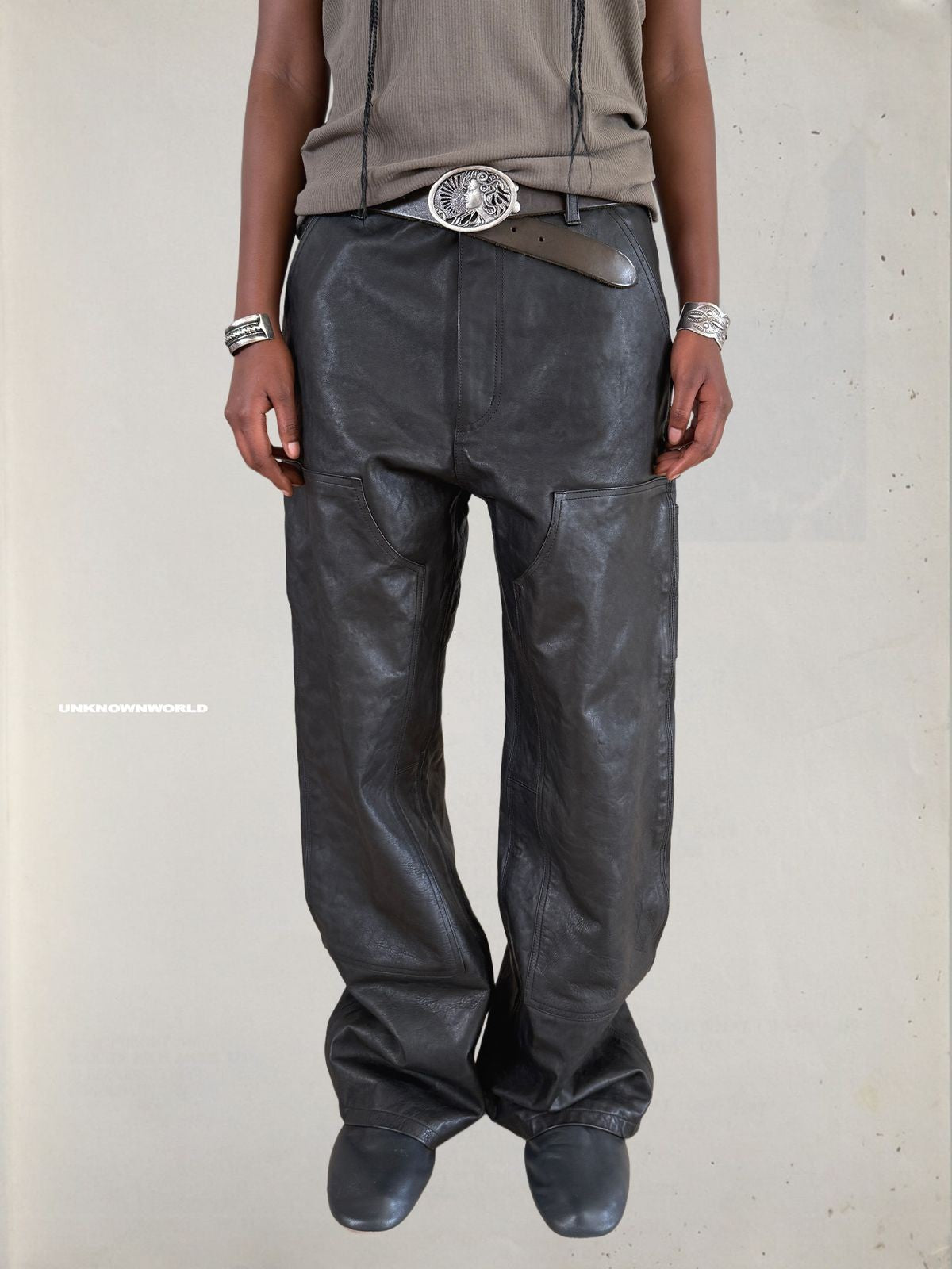 UNKNOWNWORLD Horsehide Double Knee Work Pants in Black - On Model