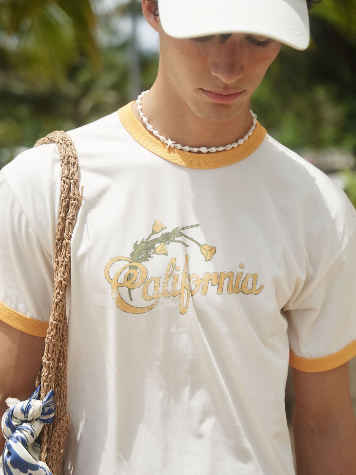 Retro 21 California Graphic Ringer T Shirt in Cream - On Model