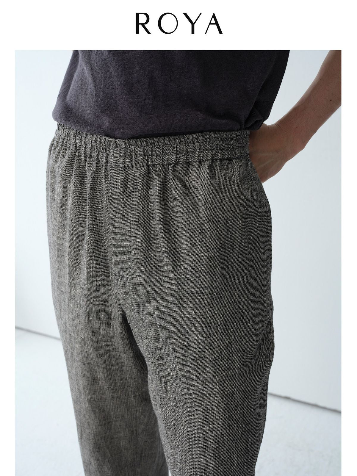 ROYA Elastic Waist Wide Leg Linen Trousers in Gray - On Model