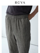 ROYA Elastic Waist Wide Leg Linen Trousers in Gray - On Model