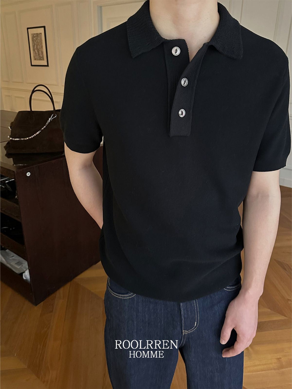 Roolrren Homme Mercerized Cotton Knit Polo in Black - On Model