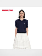 SHUSHUTONG Mulberry Silk Knit Polo Top in Navy Blue - On Model