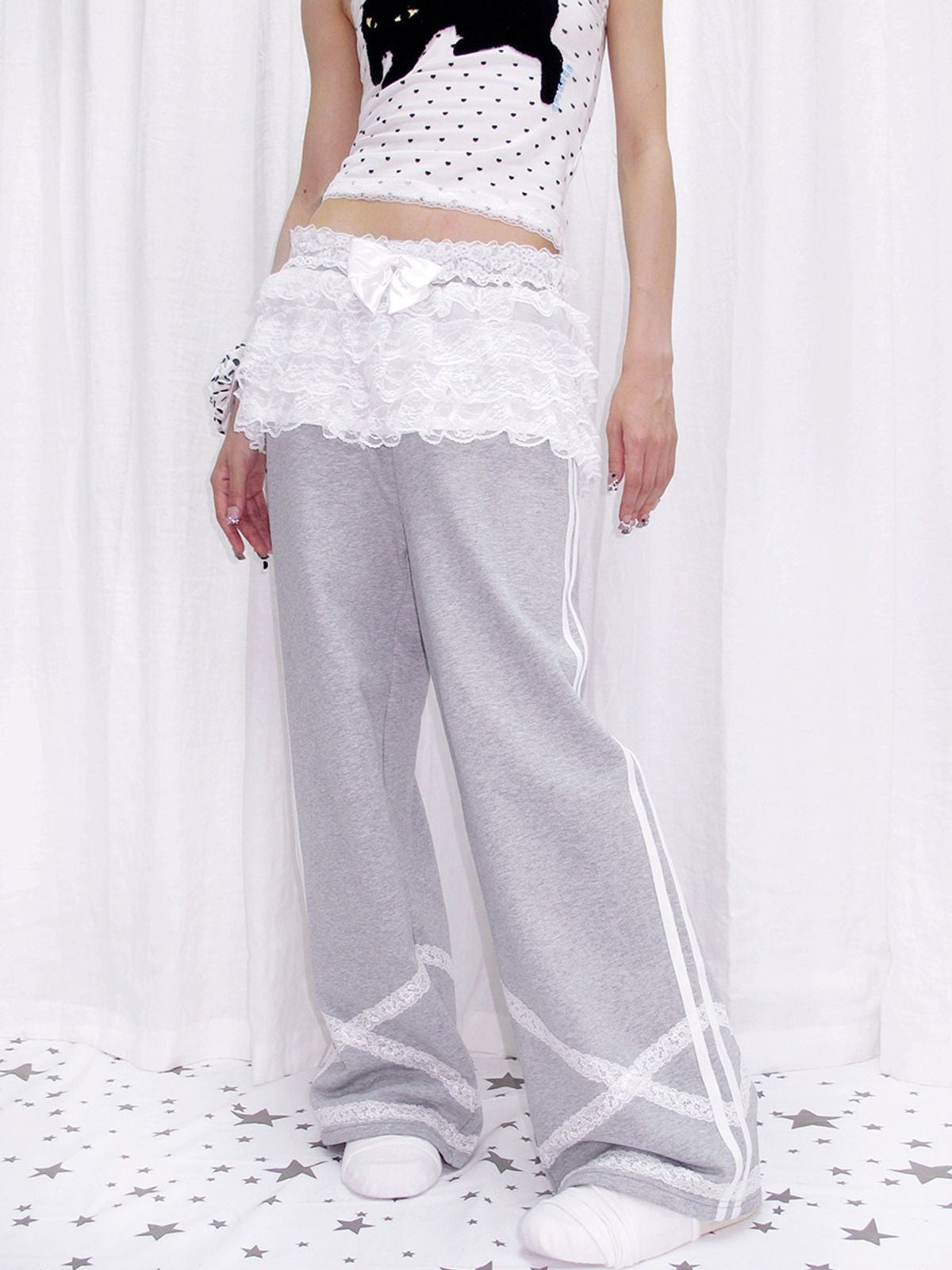 CFIERCE Lace Tiered Skirt Sweatpants in Gray - On Model