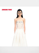 SHUSHUTONG Rhinestone Cami Bodysuit in White - On Model