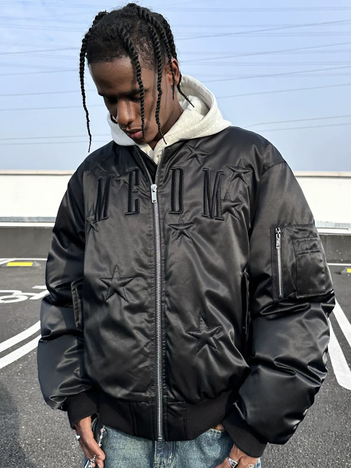 MEDM Star Nylon MA 1 Down Jacket in Black