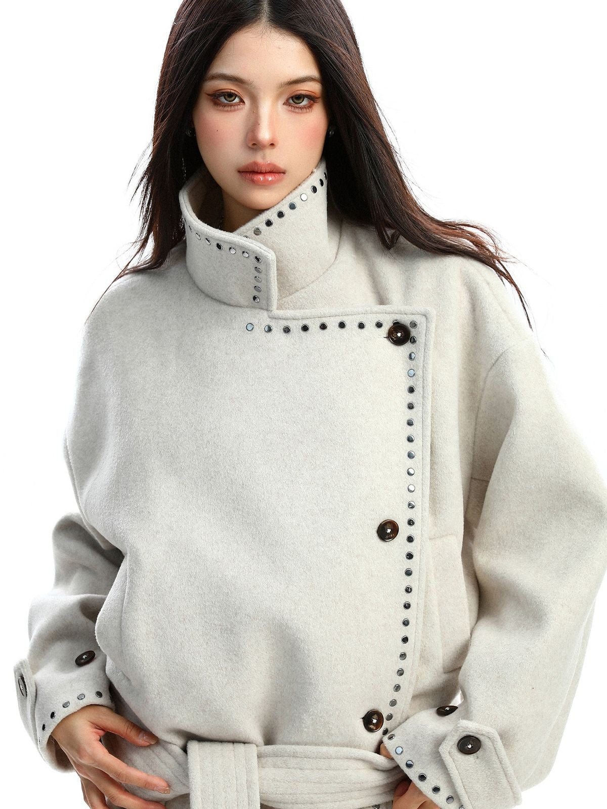 BIGGOLD STUDIO Studded Stand Collar Short Coat in White - On Model