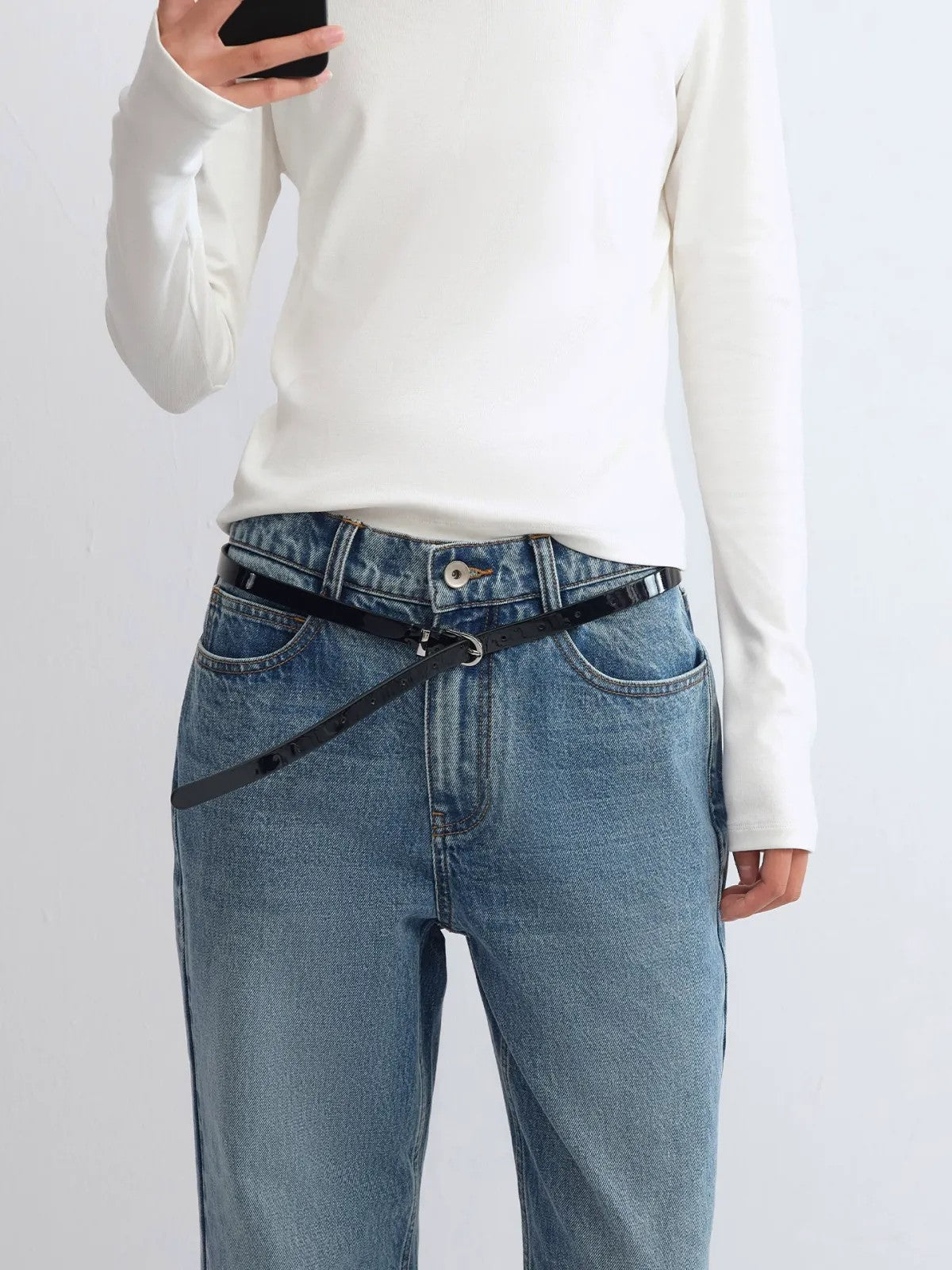 RARELY ALIKE Patent Leather Belt in Black - On Model