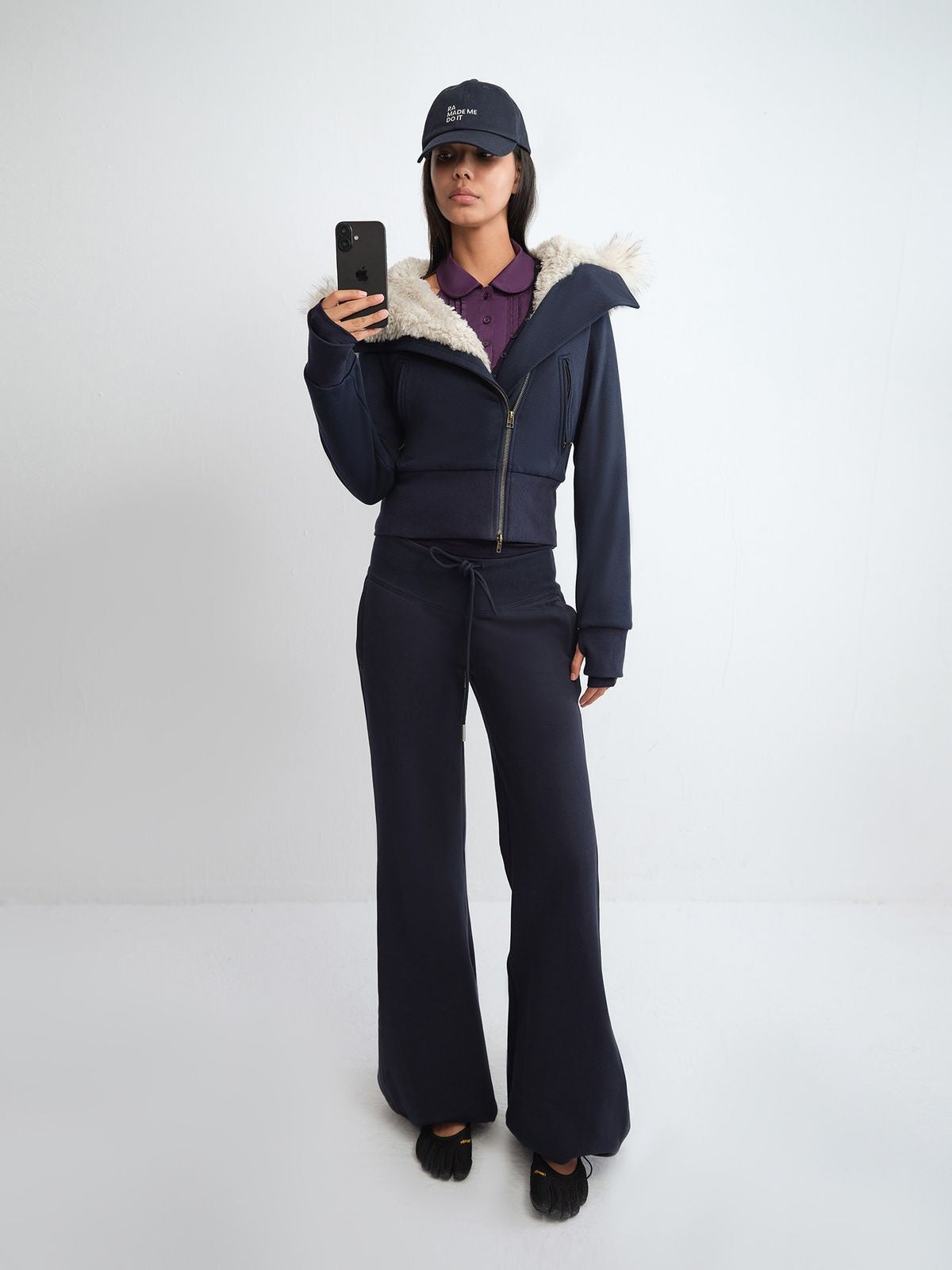 RARELY ALIKE Asymmetrical Plush Lined Jacket in Navy Blue - On Model
