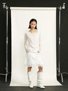 THELIGHT OFFICIAL Ruched Grid Mesh Layered Top in White - On Model