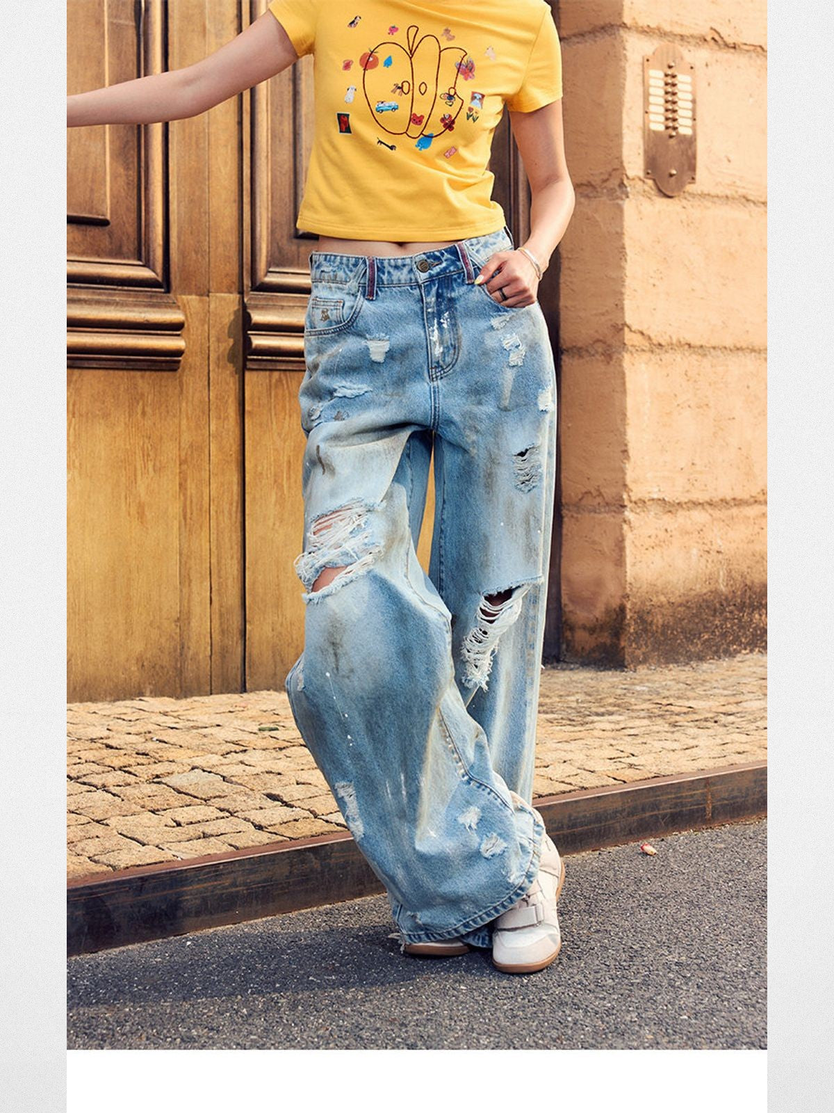 BeerBro Distressed Dirty Wash Relaxed Jeans in Blue - On Model