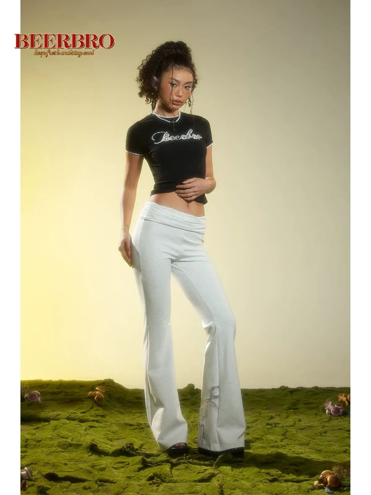 BeerBro Lace Trim Embroidered Modal Baby Tee in Black - On Model