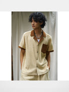 Retro 21 Spliced Wool Blend Knit Shirt in Cream - On Model