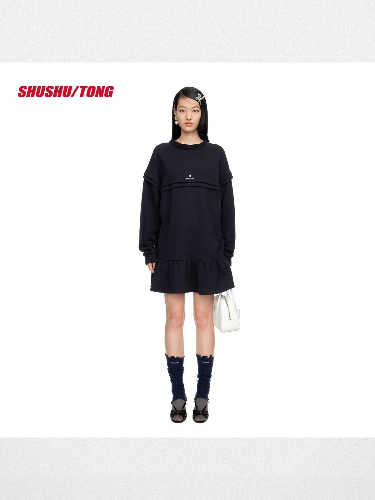 SHUSHUTONG Raw Edge Scalloped Sweatshirt Dress in Navy Blue - On Model