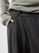Simple Project Folded Placket Pleated Striped Wool Trousers in Gray - On Female Model