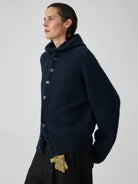 Simple Project Hooded Wool Blend Cardigan in Navy Blue - On Female Model
