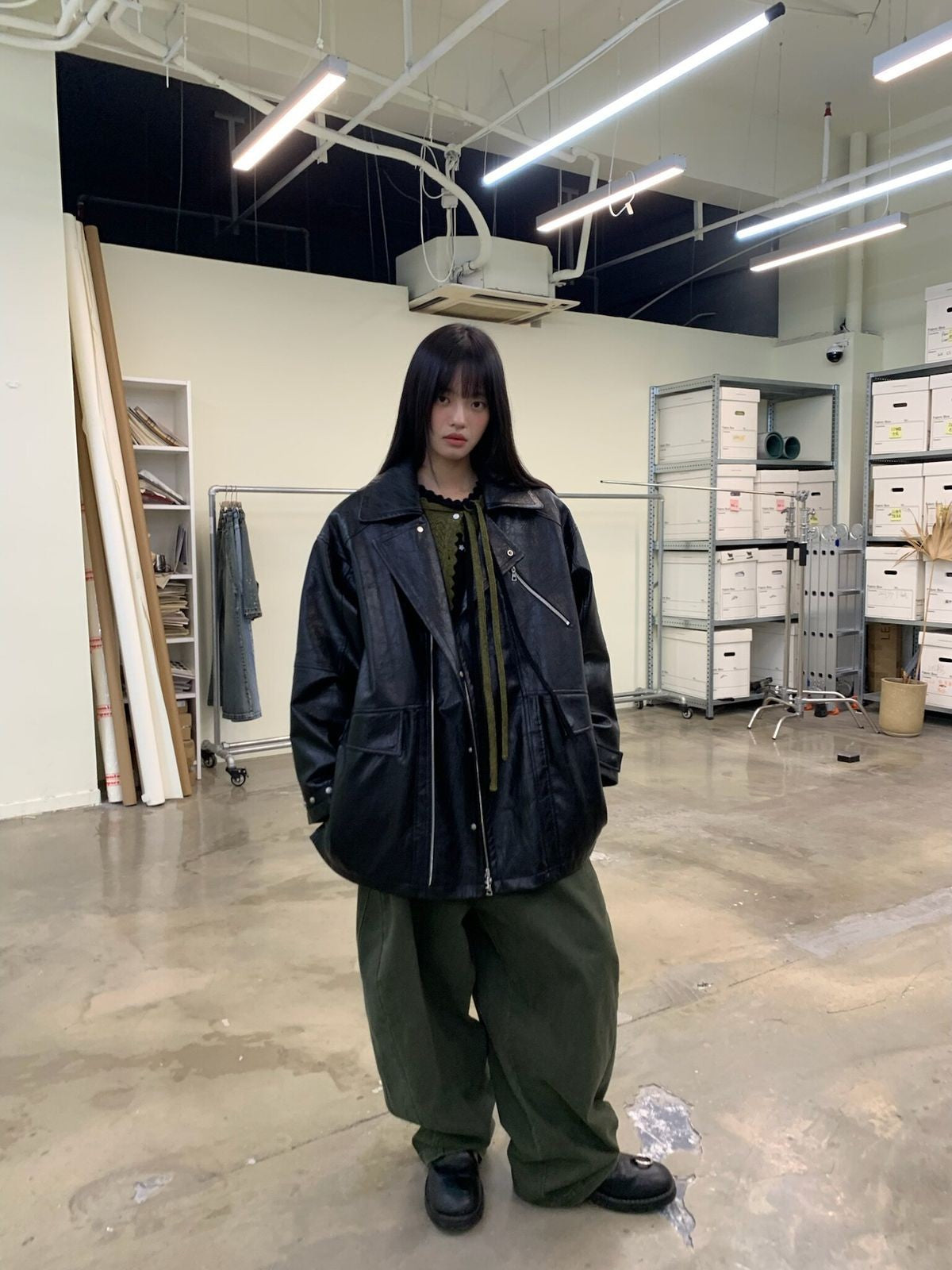 NeverSeez Padded PU Leather Trench Coat in Black - On Female Model