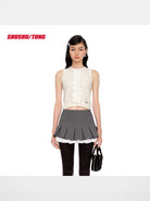 SHUSHUTONG Lace Trimmed Cable Knit Vest in White - On Model